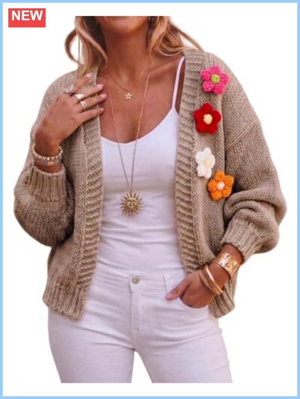Knit Cardigan 3D Floral Long Sleeve Open Front Sweater